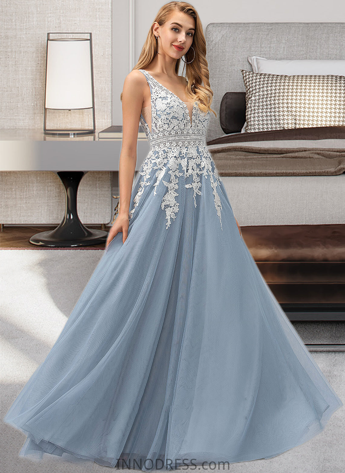 Carissa Ball-Gown/Princess V-neck Floor-Length Tulle Wedding Dress With Lace DPP0013763