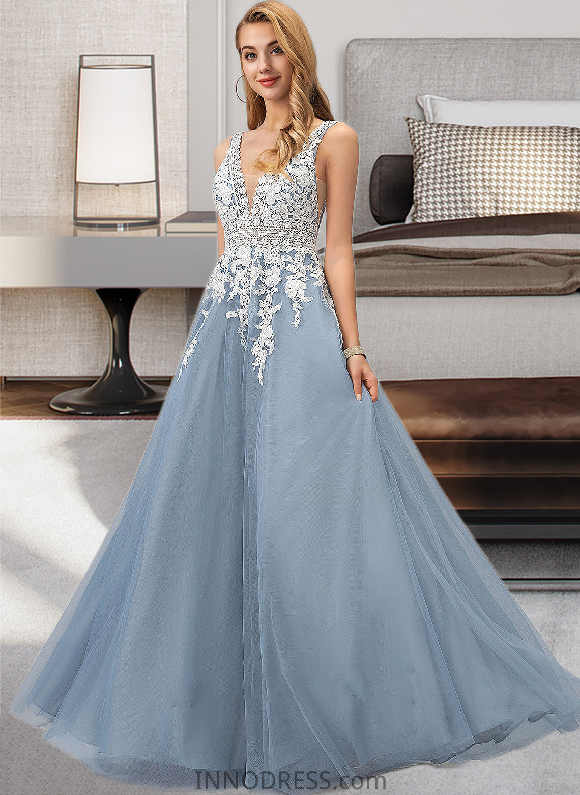 Carissa Ball-Gown/Princess V-neck Floor-Length Tulle Wedding Dress With Lace DPP0013763