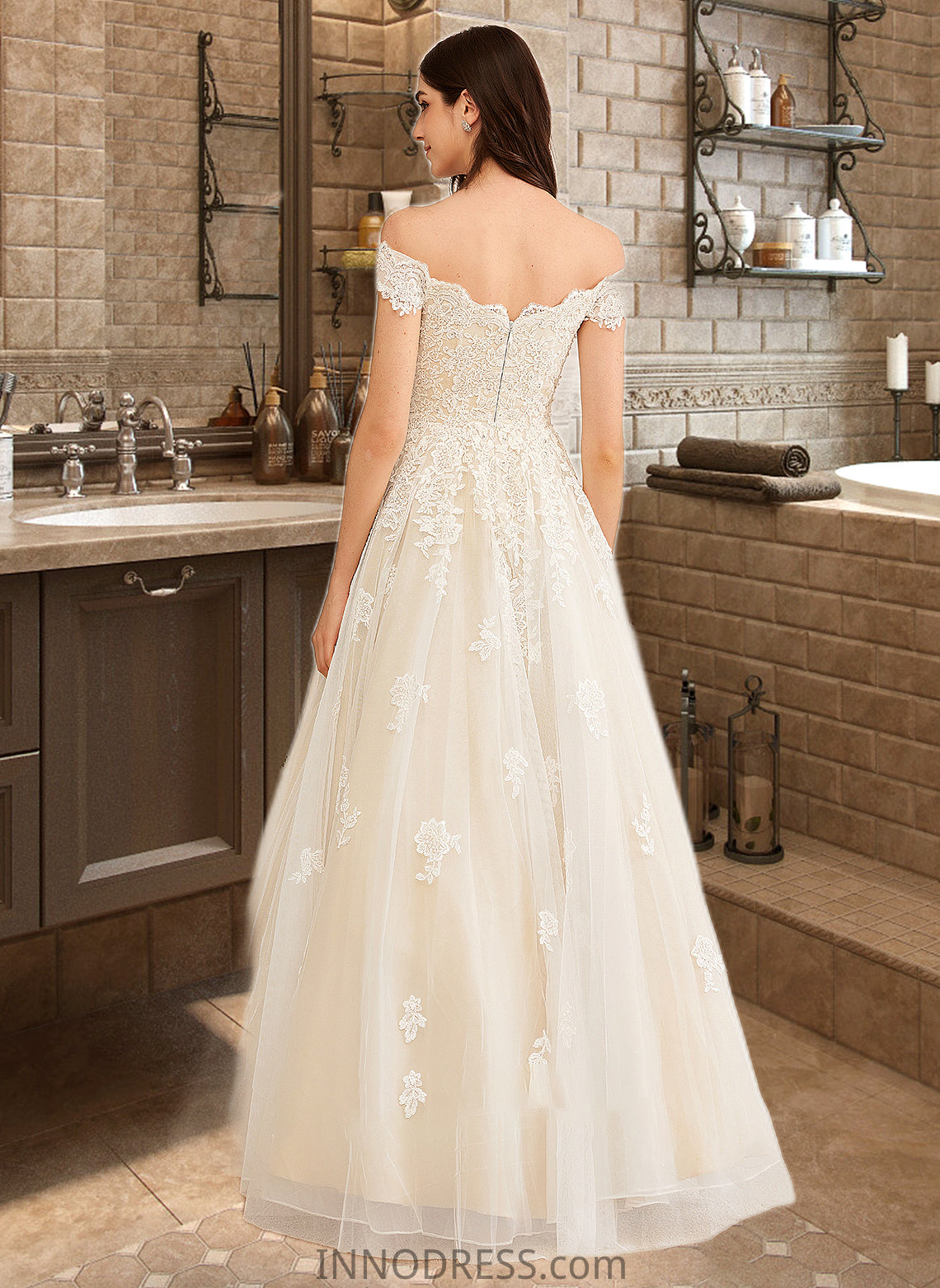 Jacqueline Ball-Gown/Princess Off-the-Shoulder Floor-Length Wedding Dress With Beading Sequins DPP0013765