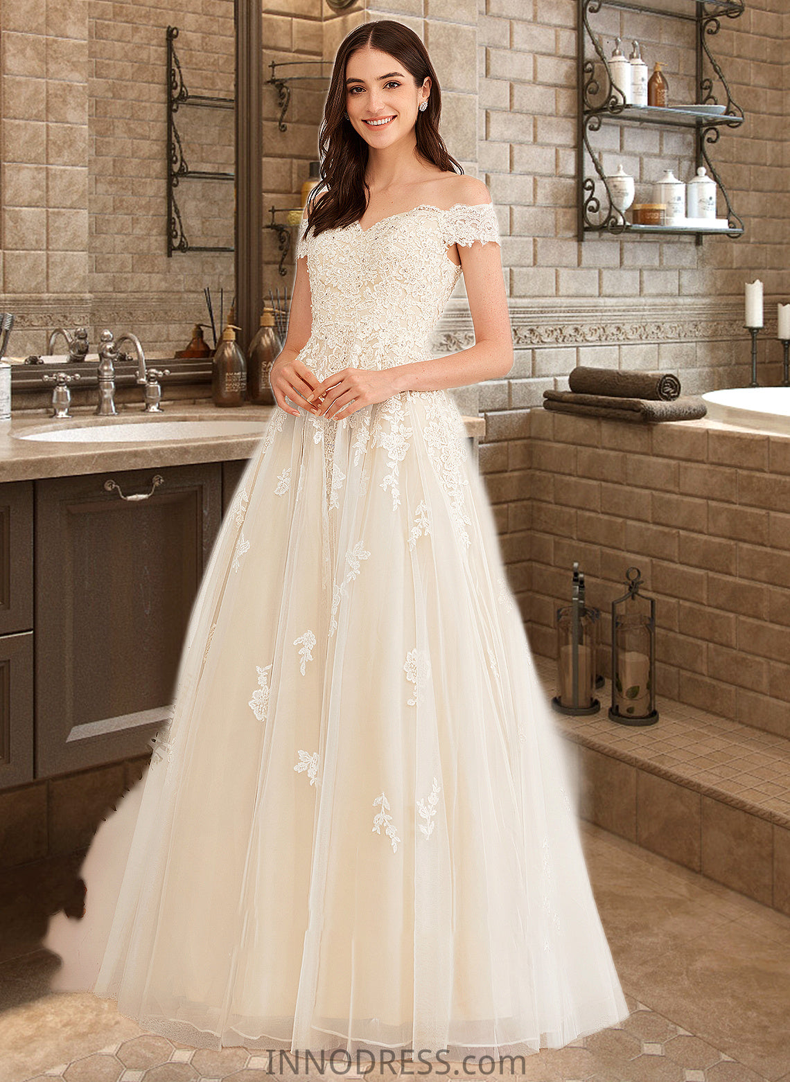 Jacqueline Ball-Gown/Princess Off-the-Shoulder Floor-Length Wedding Dress With Beading Sequins DPP0013765