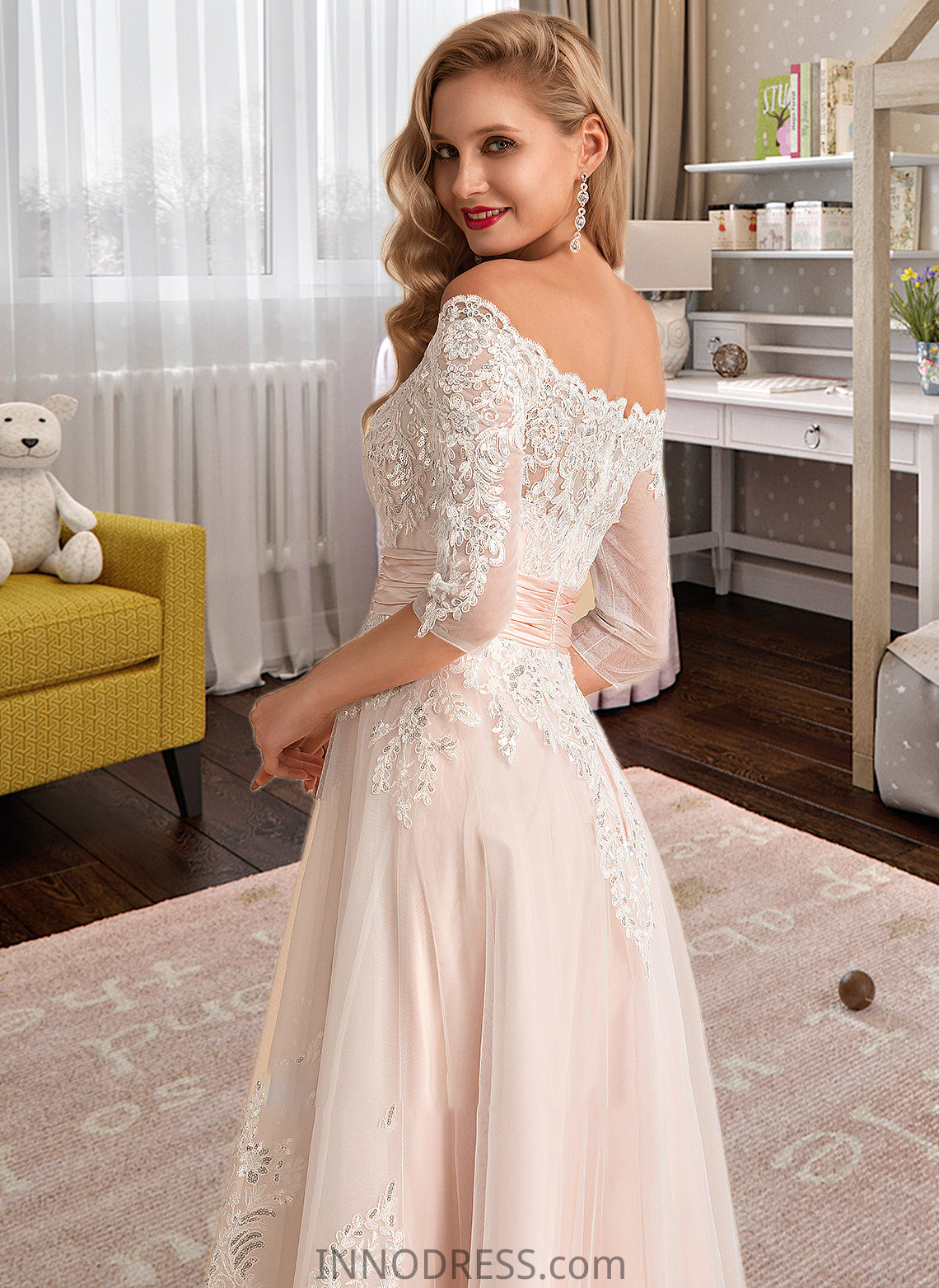 Daisy A-Line Asymmetrical Satin Tulle Lace Wedding Dress With Sequins DPP0013769