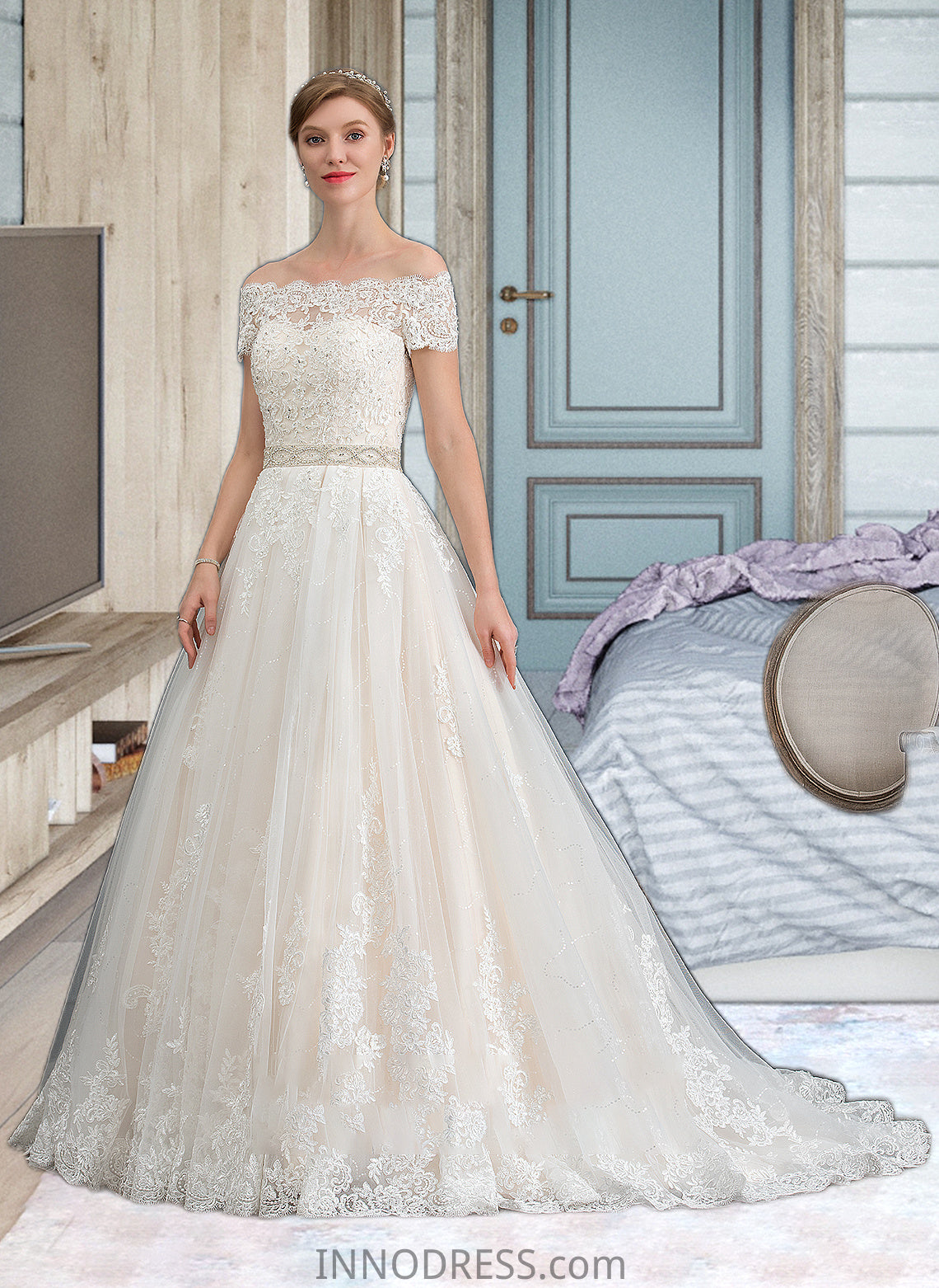 Lillie Ball-Gown/Princess Court Train Tulle Wedding Dress With Beading Sequins DPP0013770