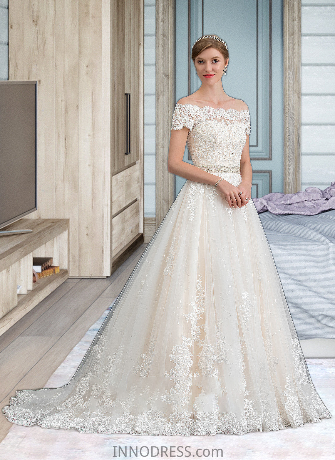 Lillie Ball-Gown/Princess Court Train Tulle Wedding Dress With Beading Sequins DPP0013770