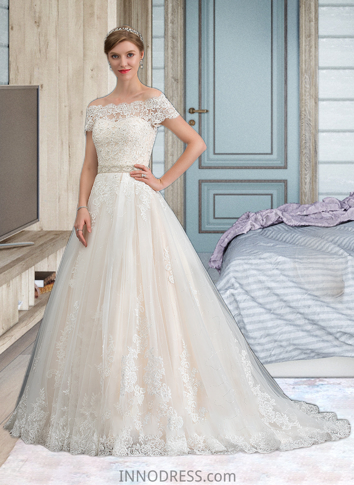 Lillie Ball-Gown/Princess Court Train Tulle Wedding Dress With Beading Sequins DPP0013770