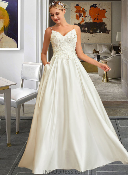 Rowan Ball-Gown/Princess V-neck Sweep Train Satin Lace Wedding Dress With Lace Beading Sequins Pockets DPP0013771