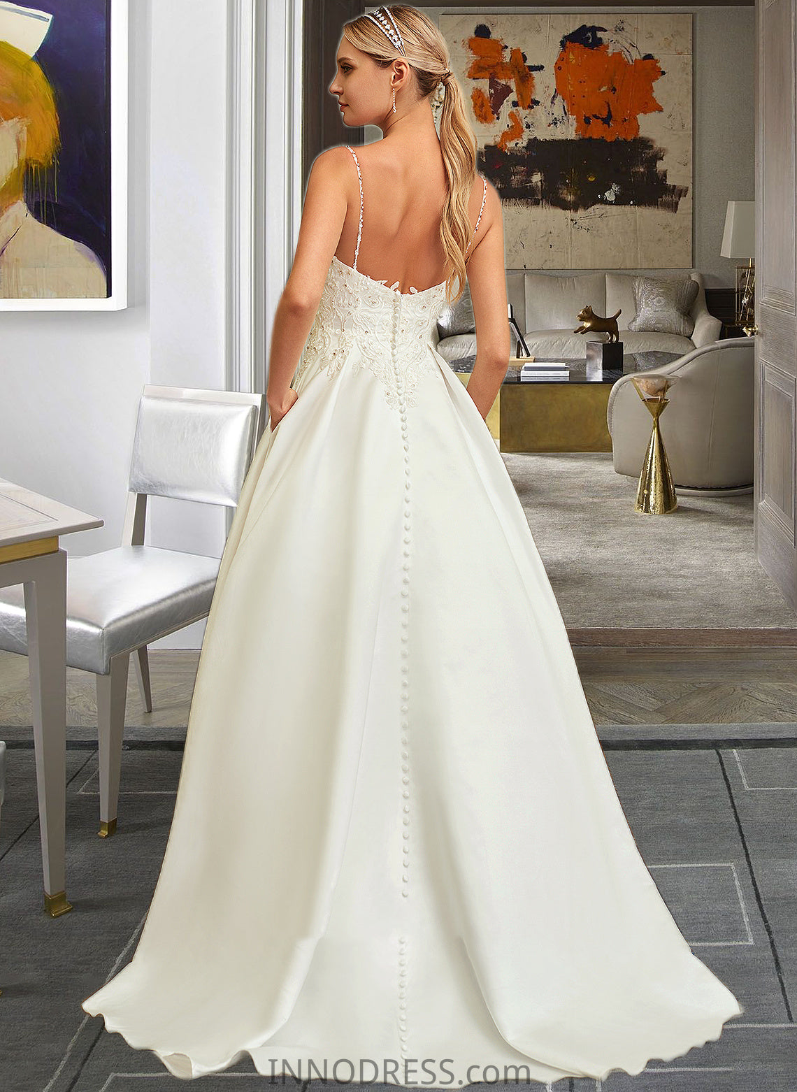 Rowan Ball-Gown/Princess V-neck Sweep Train Satin Lace Wedding Dress With Lace Beading Sequins Pockets DPP0013771