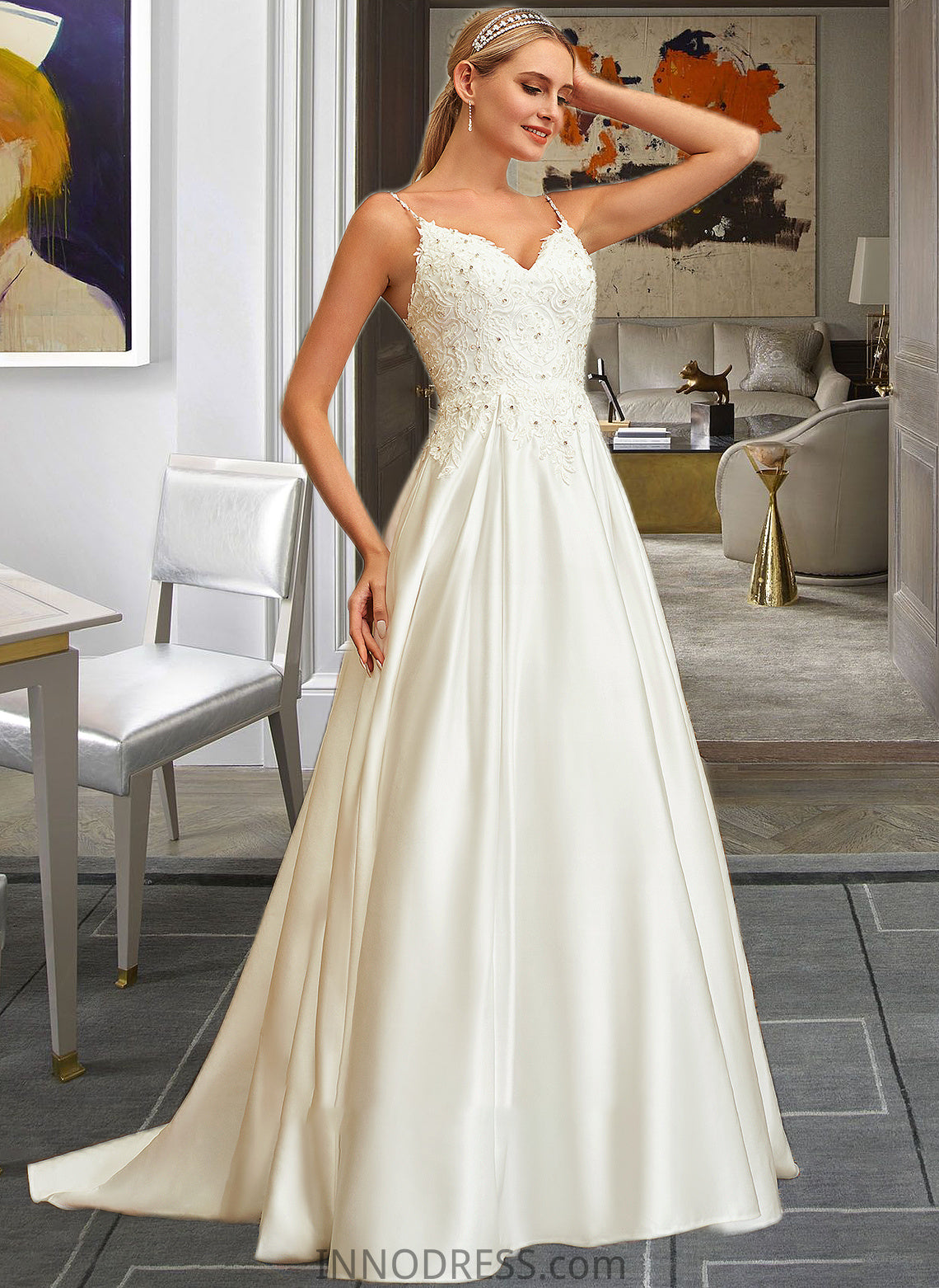 Rowan Ball-Gown/Princess V-neck Sweep Train Satin Lace Wedding Dress With Lace Beading Sequins Pockets DPP0013771