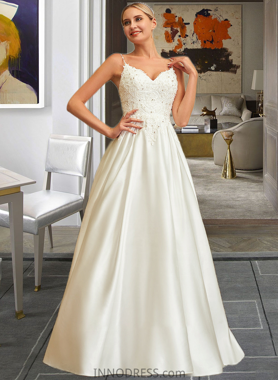 Rowan Ball-Gown/Princess V-neck Sweep Train Satin Lace Wedding Dress With Lace Beading Sequins Pockets DPP0013771