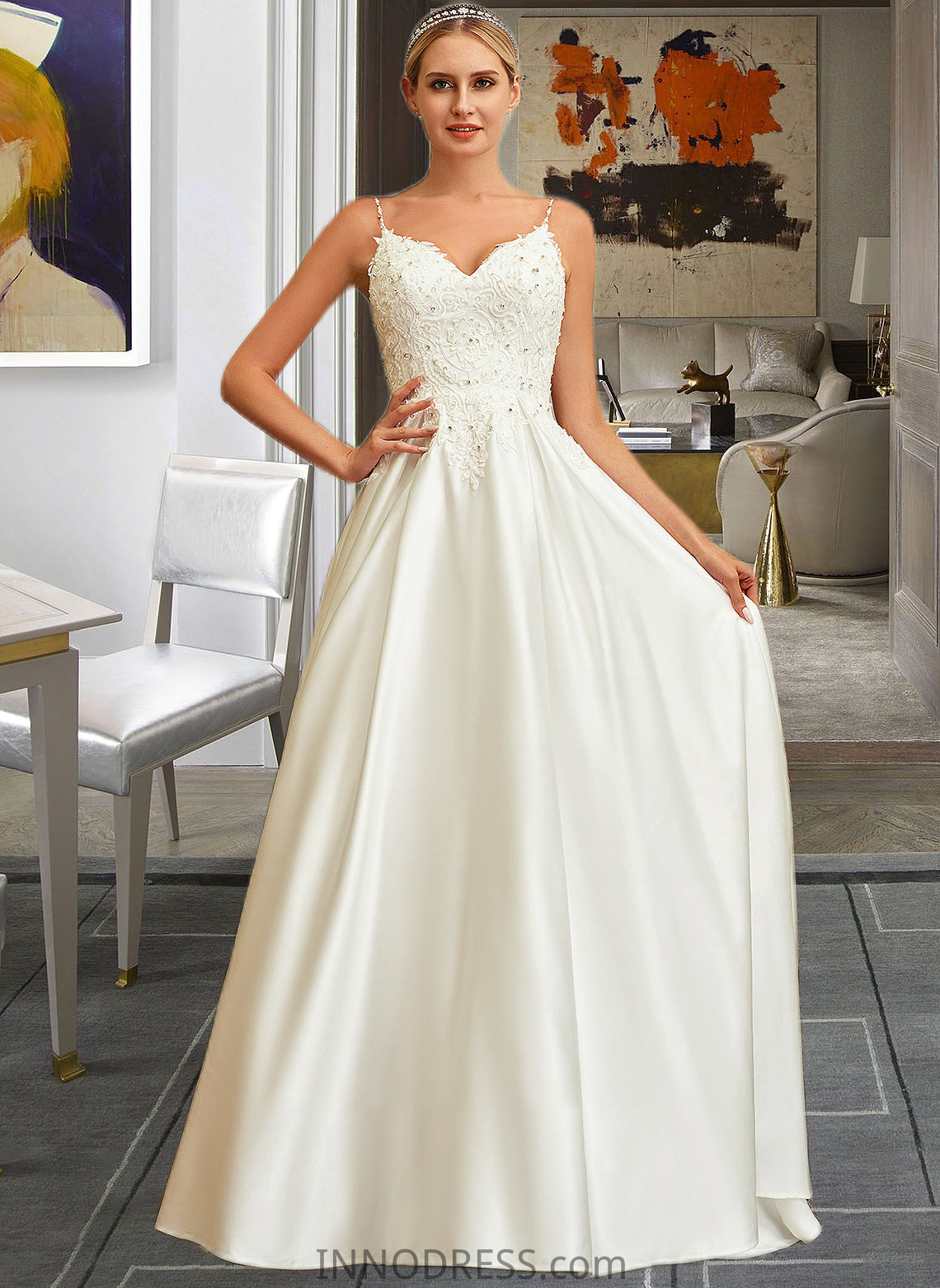 Rowan Ball-Gown/Princess V-neck Sweep Train Satin Lace Wedding Dress With Lace Beading Sequins Pockets DPP0013771