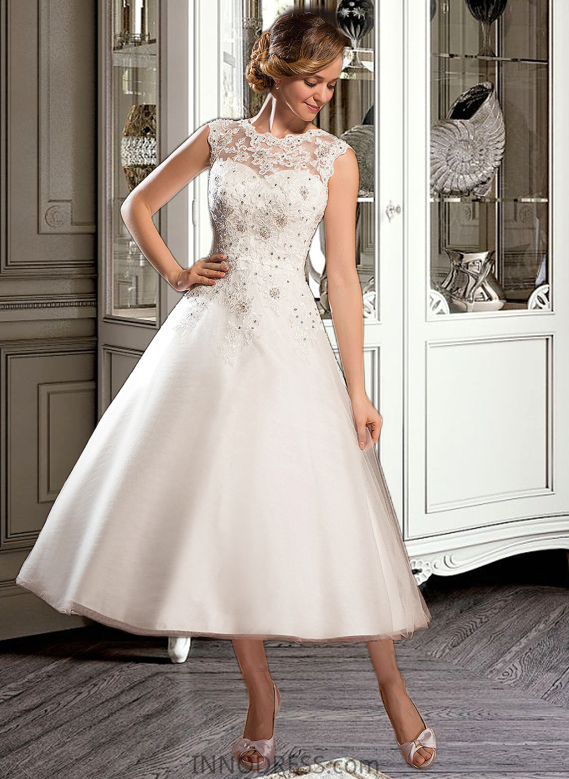 Lindsey Ball-Gown/Princess Scoop Neck Tea-Length Tulle Lace Wedding Dress With Beading Sequins DPP0013773