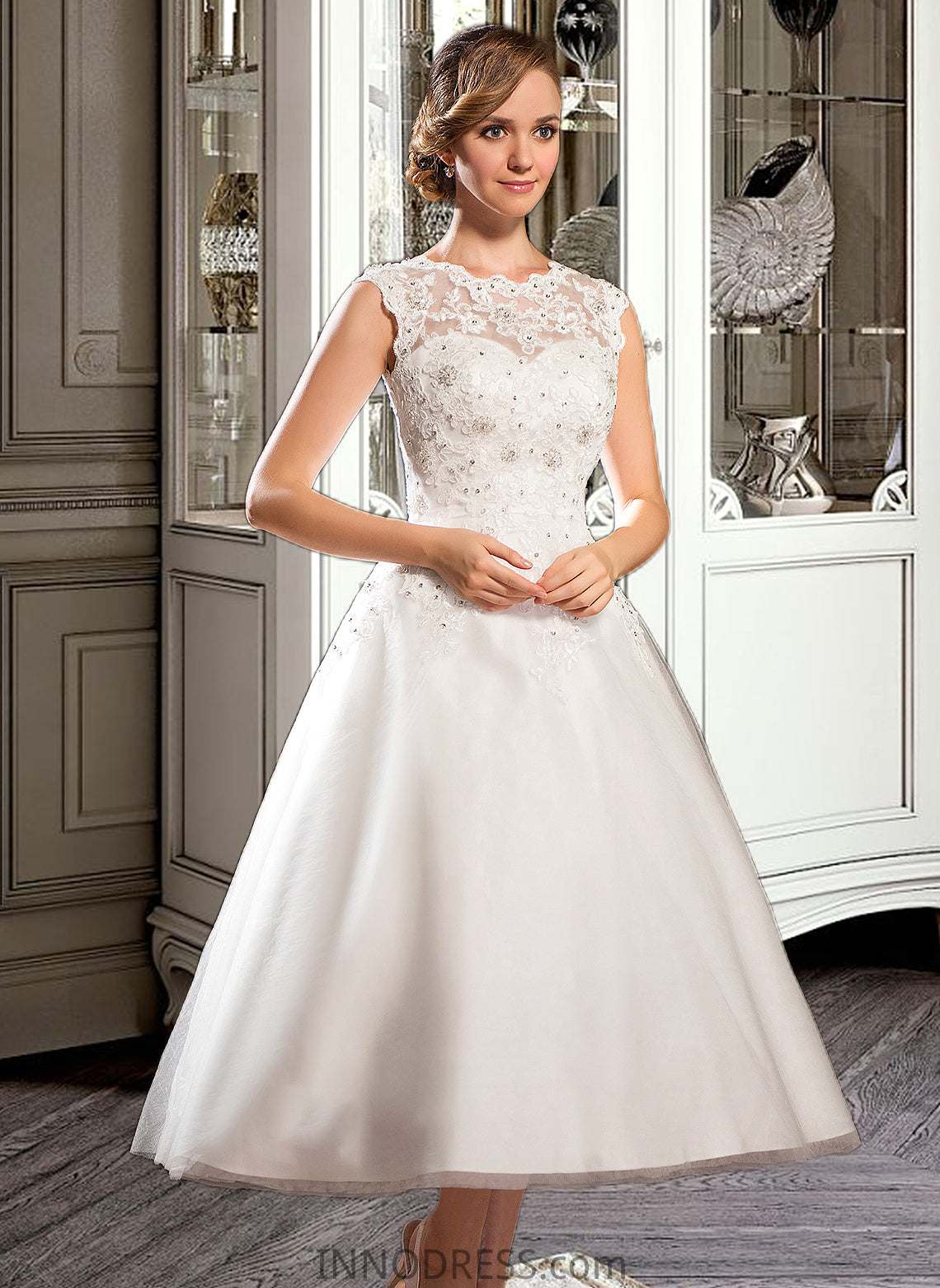 Lindsey Ball-Gown/Princess Scoop Neck Tea-Length Tulle Lace Wedding Dress With Beading Sequins DPP0013773