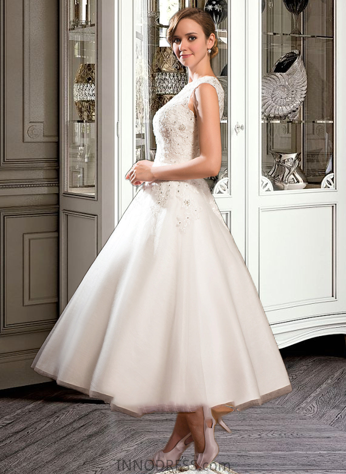 Lindsey Ball-Gown/Princess Scoop Neck Tea-Length Tulle Lace Wedding Dress With Beading Sequins DPP0013773