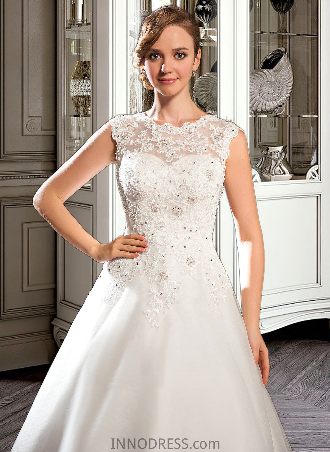 Lindsey Ball-Gown/Princess Scoop Neck Tea-Length Tulle Lace Wedding Dress With Beading Sequins DPP0013773