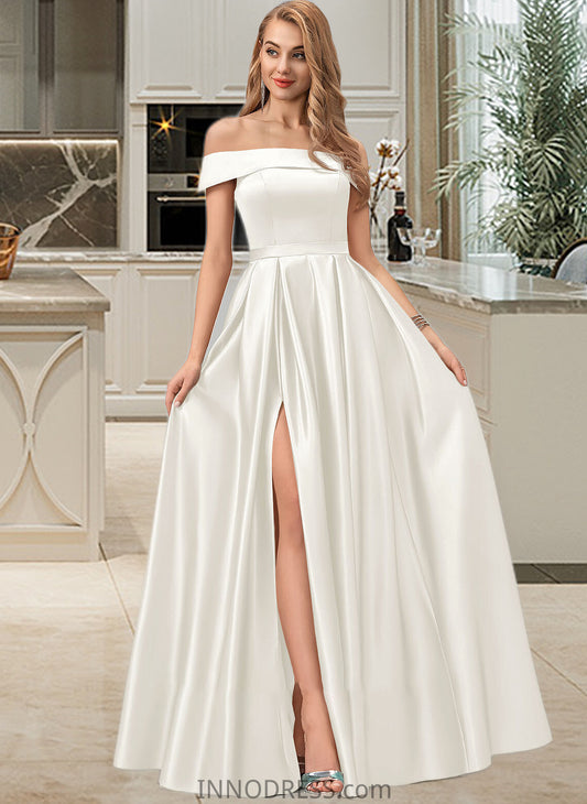 Rose Ball-Gown/Princess Off-the-Shoulder Floor-Length Satin Wedding Dress With Split Front Pockets DPP0013774