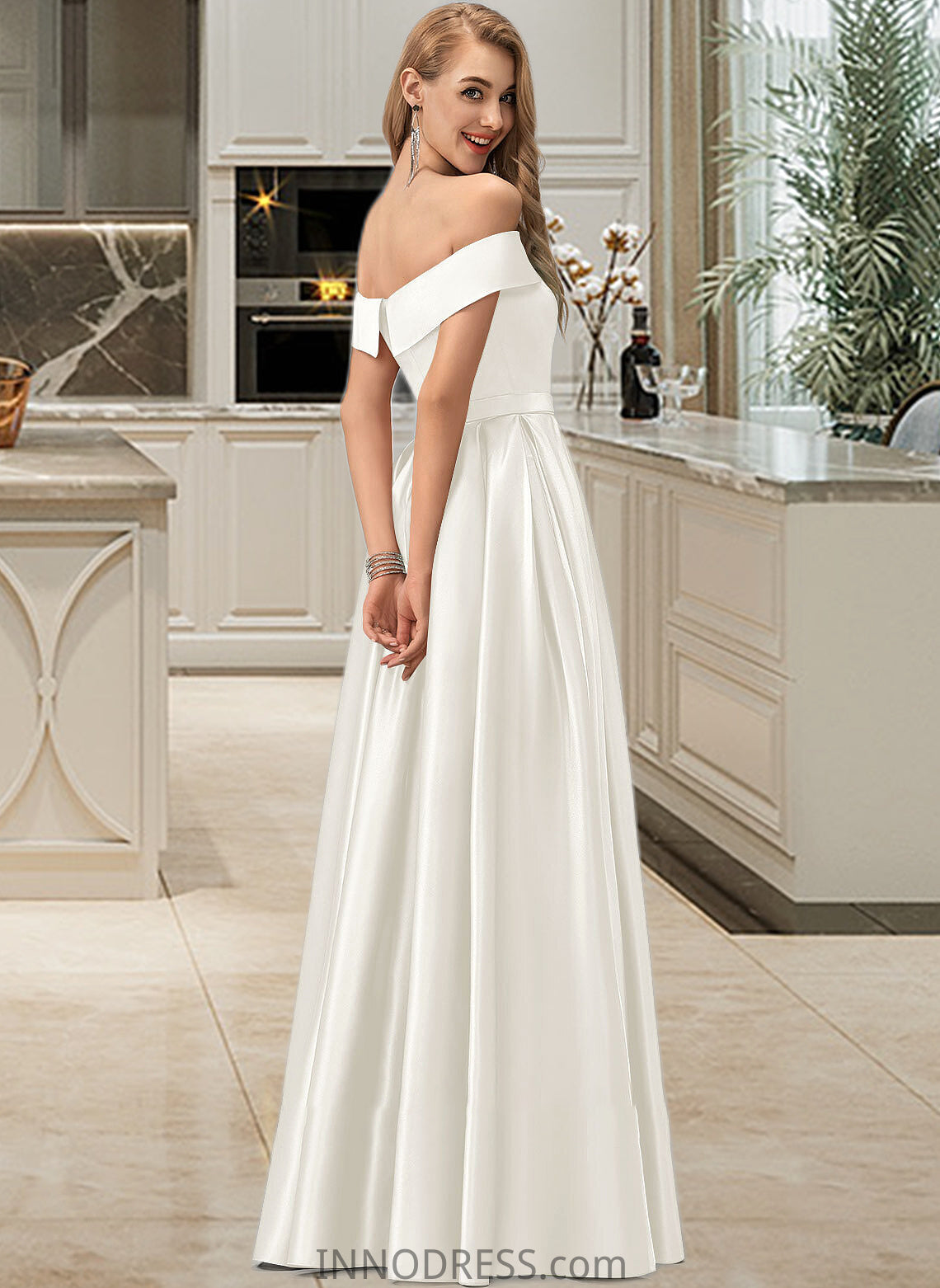 Rose Ball-Gown/Princess Off-the-Shoulder Floor-Length Satin Wedding Dress With Split Front Pockets DPP0013774