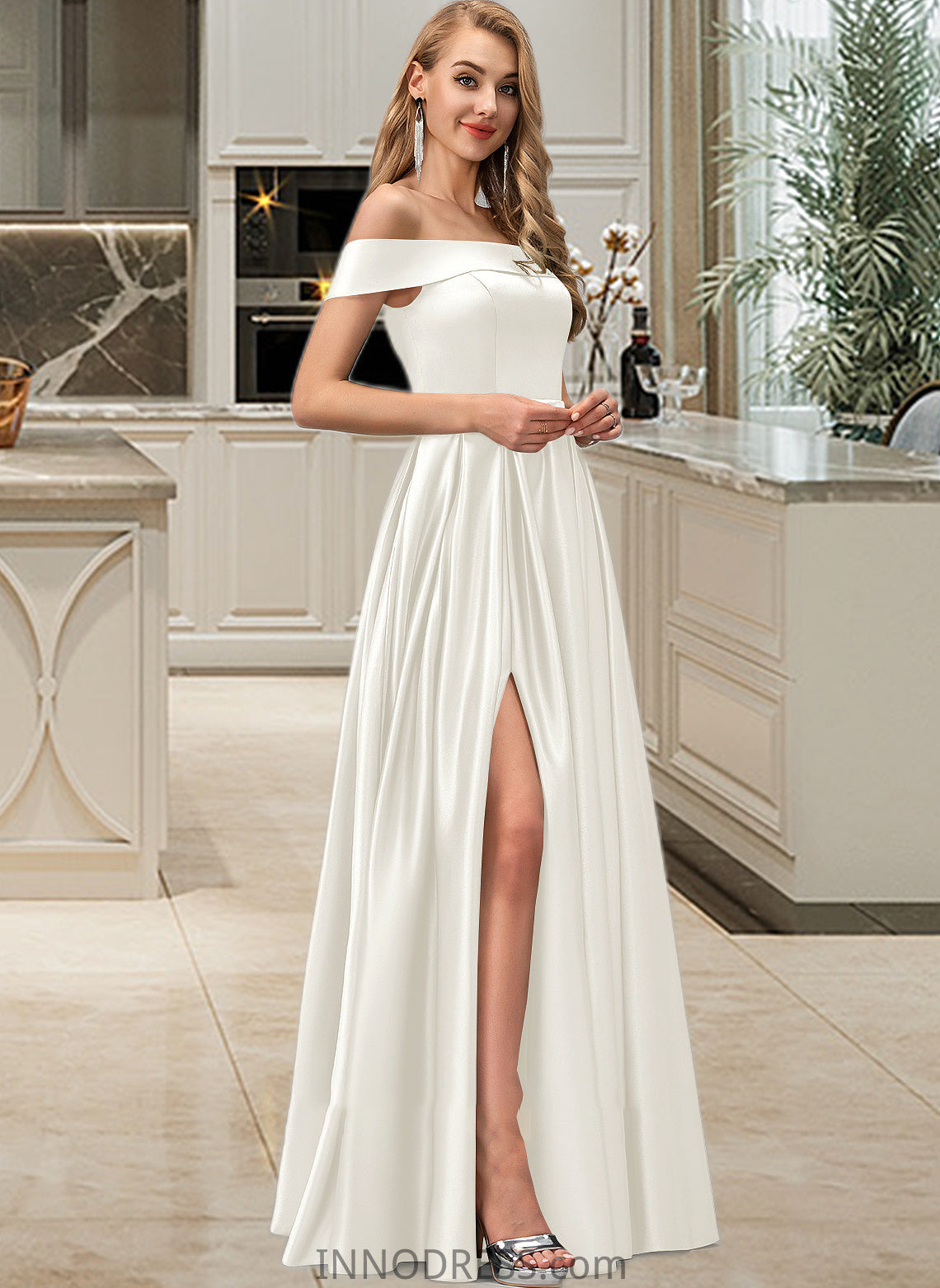 Rose Ball-Gown/Princess Off-the-Shoulder Floor-Length Satin Wedding Dress With Split Front Pockets DPP0013774