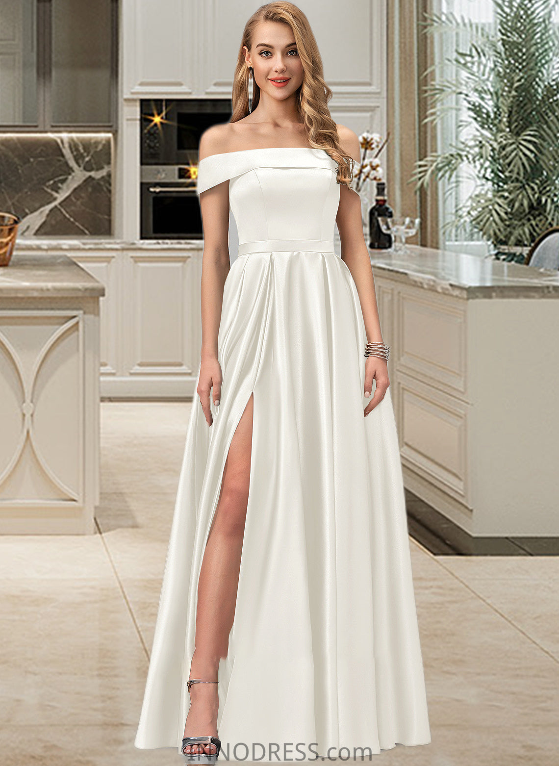 Rose Ball-Gown/Princess Off-the-Shoulder Floor-Length Satin Wedding Dress With Split Front Pockets DPP0013774