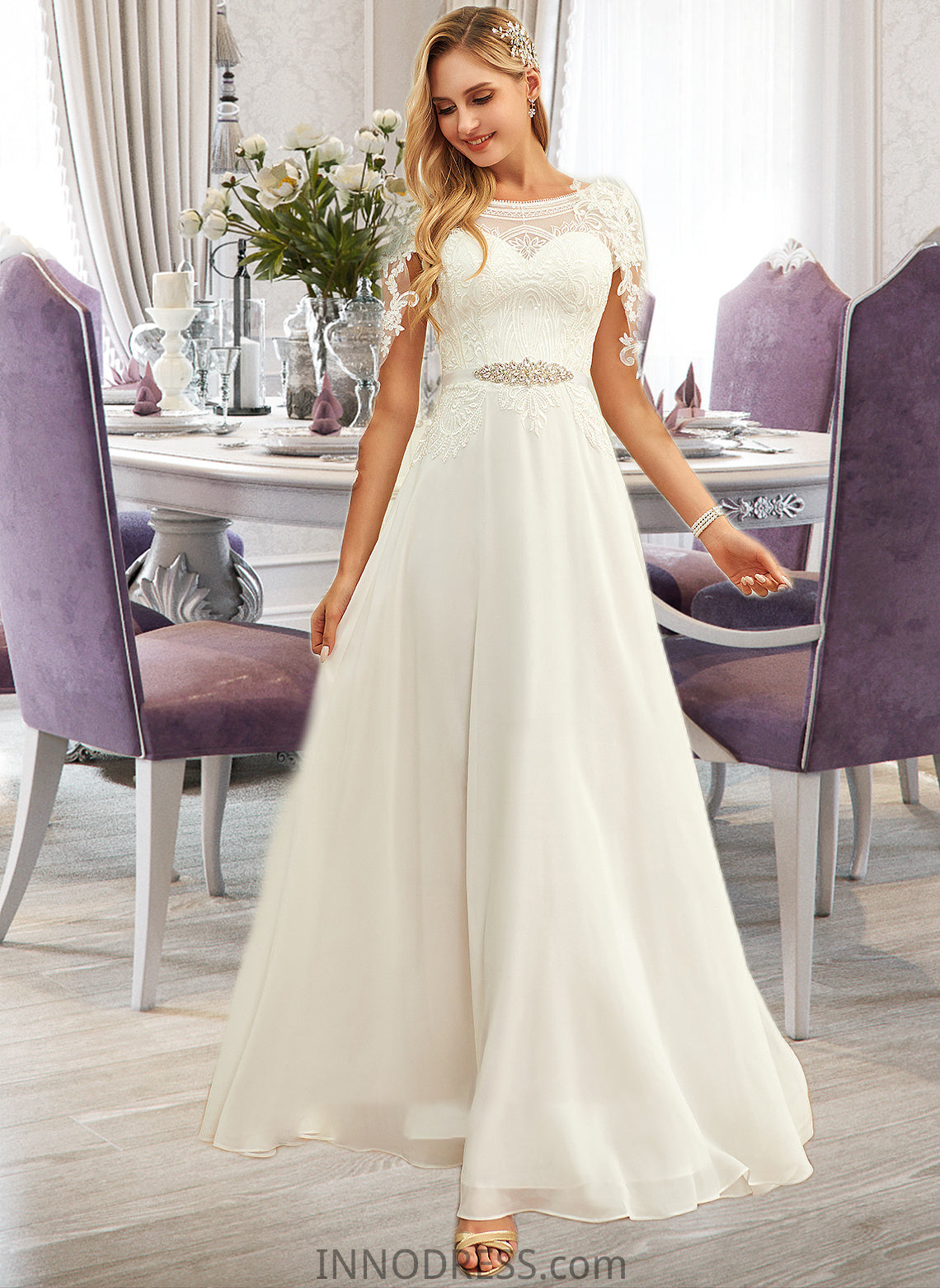 Asia A-Line Scoop Neck Floor-Length Chiffon Lace Wedding Dress With Sequins DPP0013775