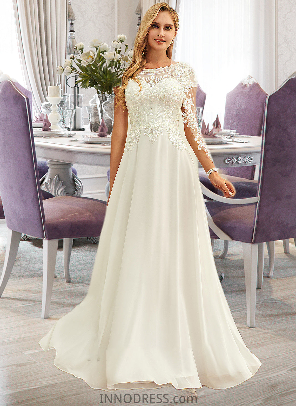 Asia A-Line Scoop Neck Floor-Length Chiffon Lace Wedding Dress With Sequins DPP0013775