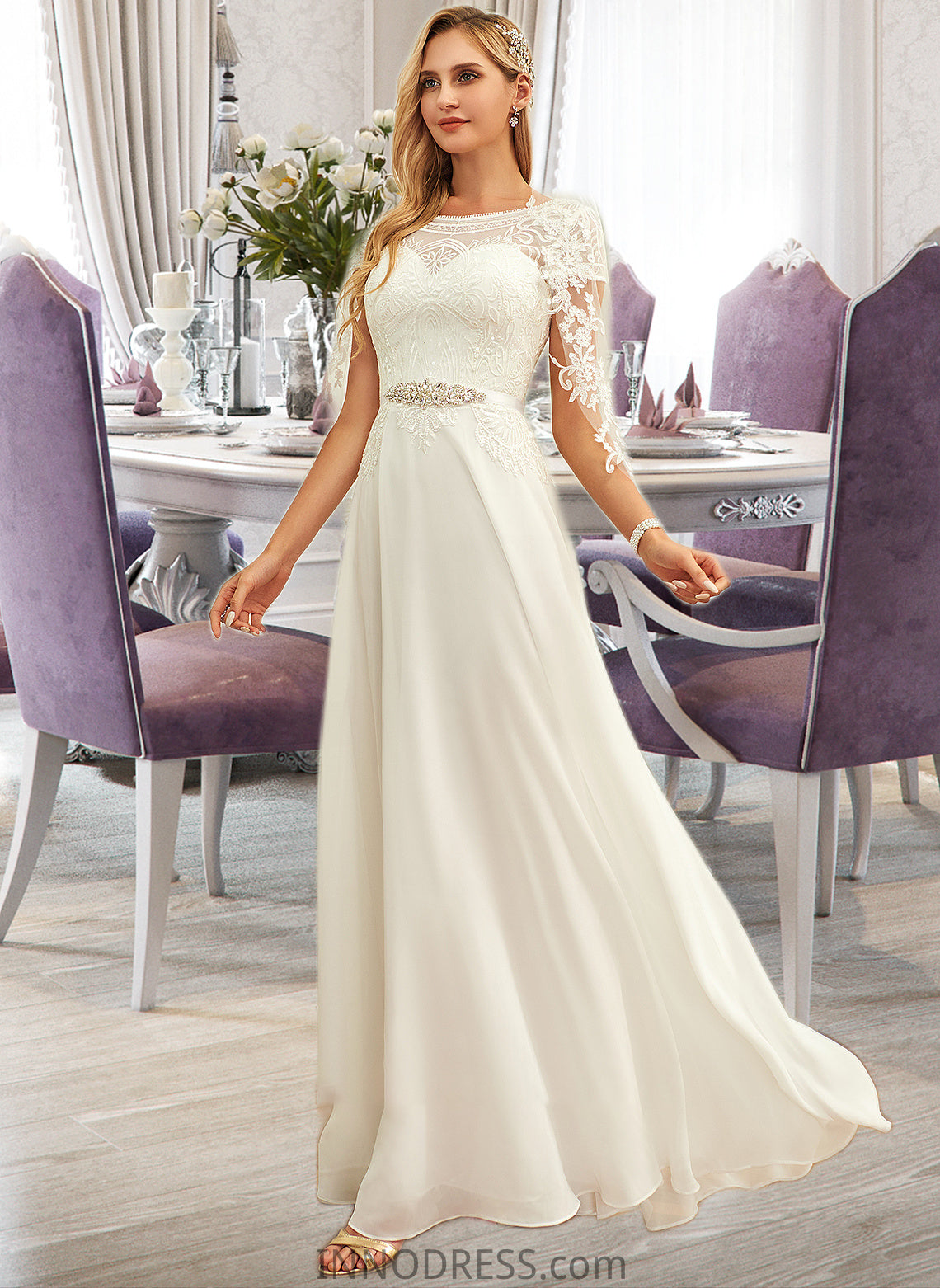 Asia A-Line Scoop Neck Floor-Length Chiffon Lace Wedding Dress With Sequins DPP0013775