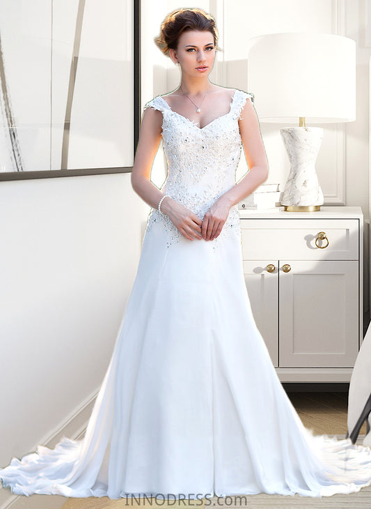 Joan A-Line V-neck Court Train Chiffon Wedding Dress With Lace Beading Sequins DPP0013776