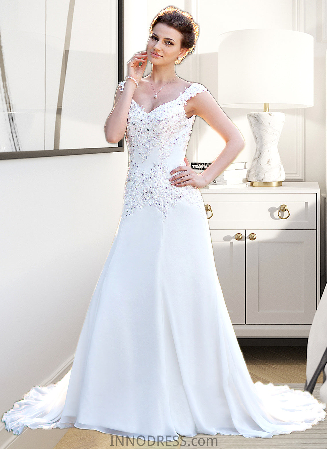 Joan A-Line V-neck Court Train Chiffon Wedding Dress With Lace Beading Sequins DPP0013776