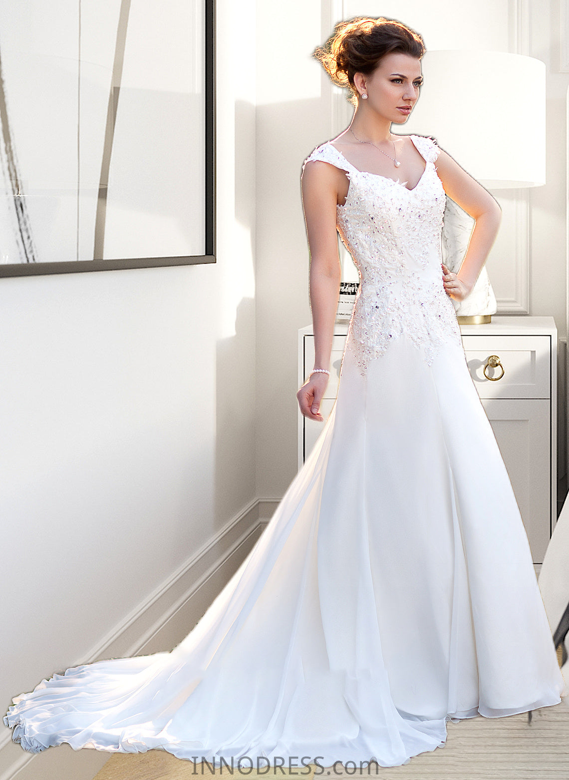 Joan A-Line V-neck Court Train Chiffon Wedding Dress With Lace Beading Sequins DPP0013776