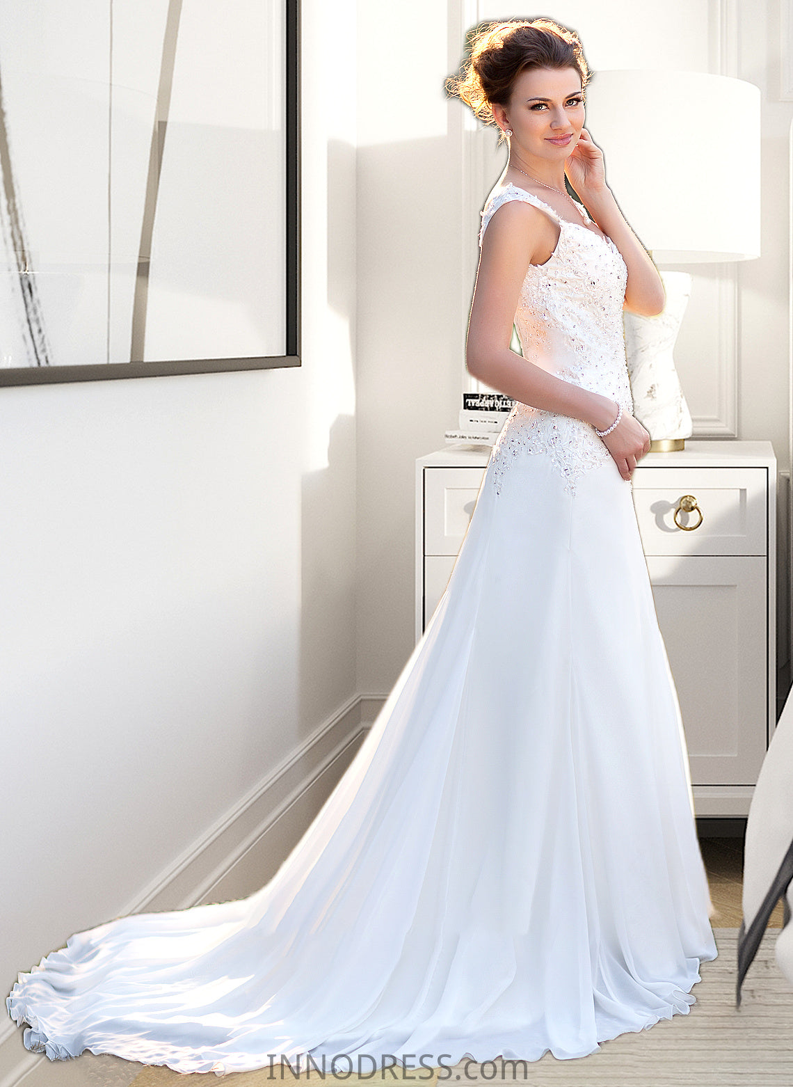 Joan A-Line V-neck Court Train Chiffon Wedding Dress With Lace Beading Sequins DPP0013776