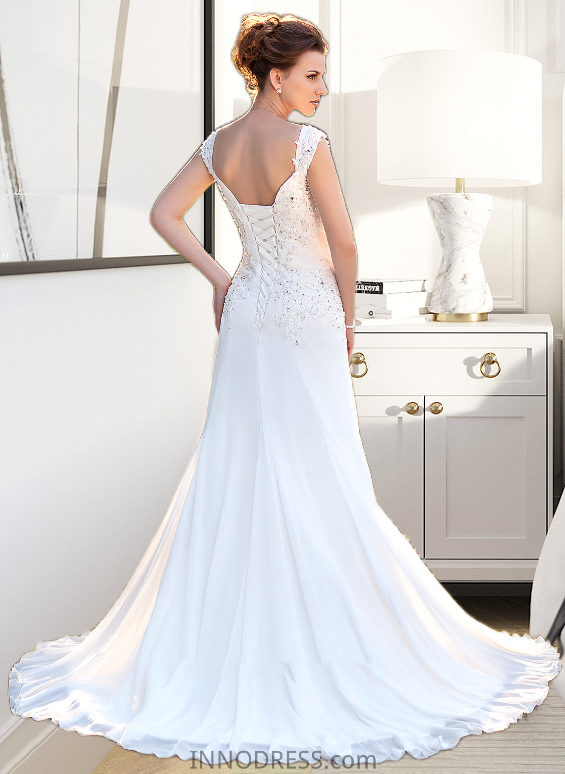 Joan A-Line V-neck Court Train Chiffon Wedding Dress With Lace Beading Sequins DPP0013776