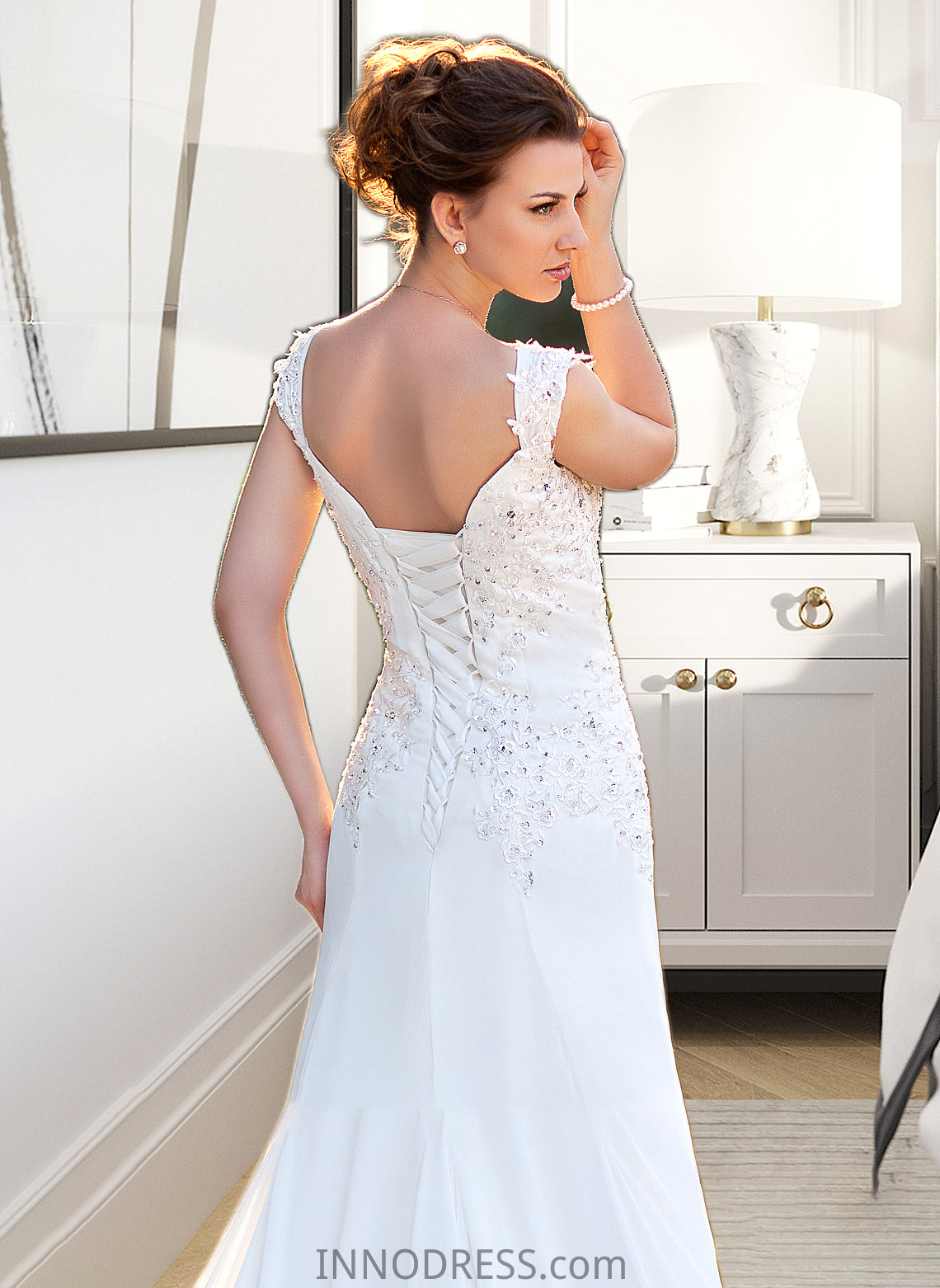 Joan A-Line V-neck Court Train Chiffon Wedding Dress With Lace Beading Sequins DPP0013776