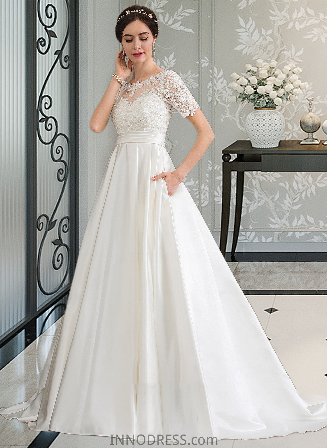 Kimberly Ball-Gown/Princess Scoop Neck Court Train Satin Wedding Dress With Beading Sequins Pockets DPP0013777