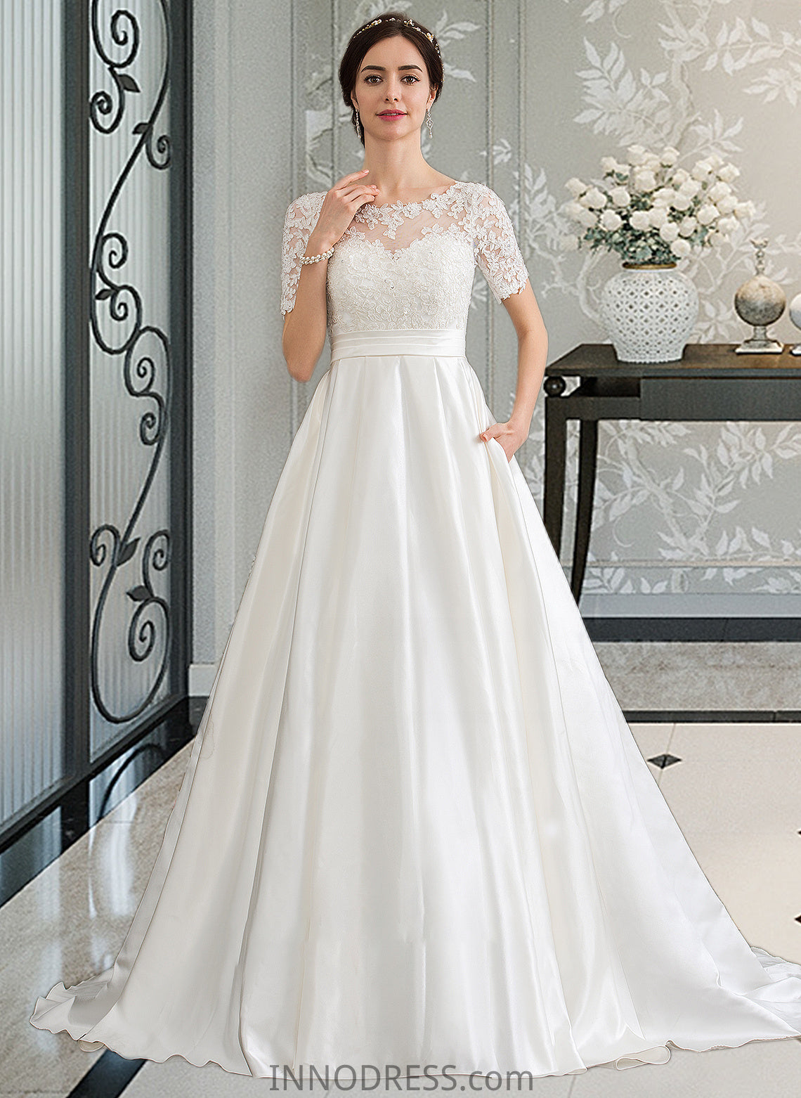 Kimberly Ball-Gown/Princess Scoop Neck Court Train Satin Wedding Dress With Beading Sequins Pockets DPP0013777