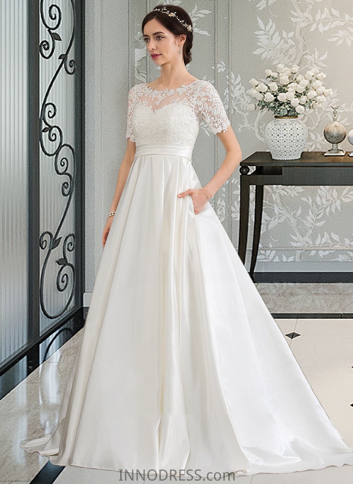 Kimberly Ball-Gown/Princess Scoop Neck Court Train Satin Wedding Dress With Beading Sequins Pockets DPP0013777