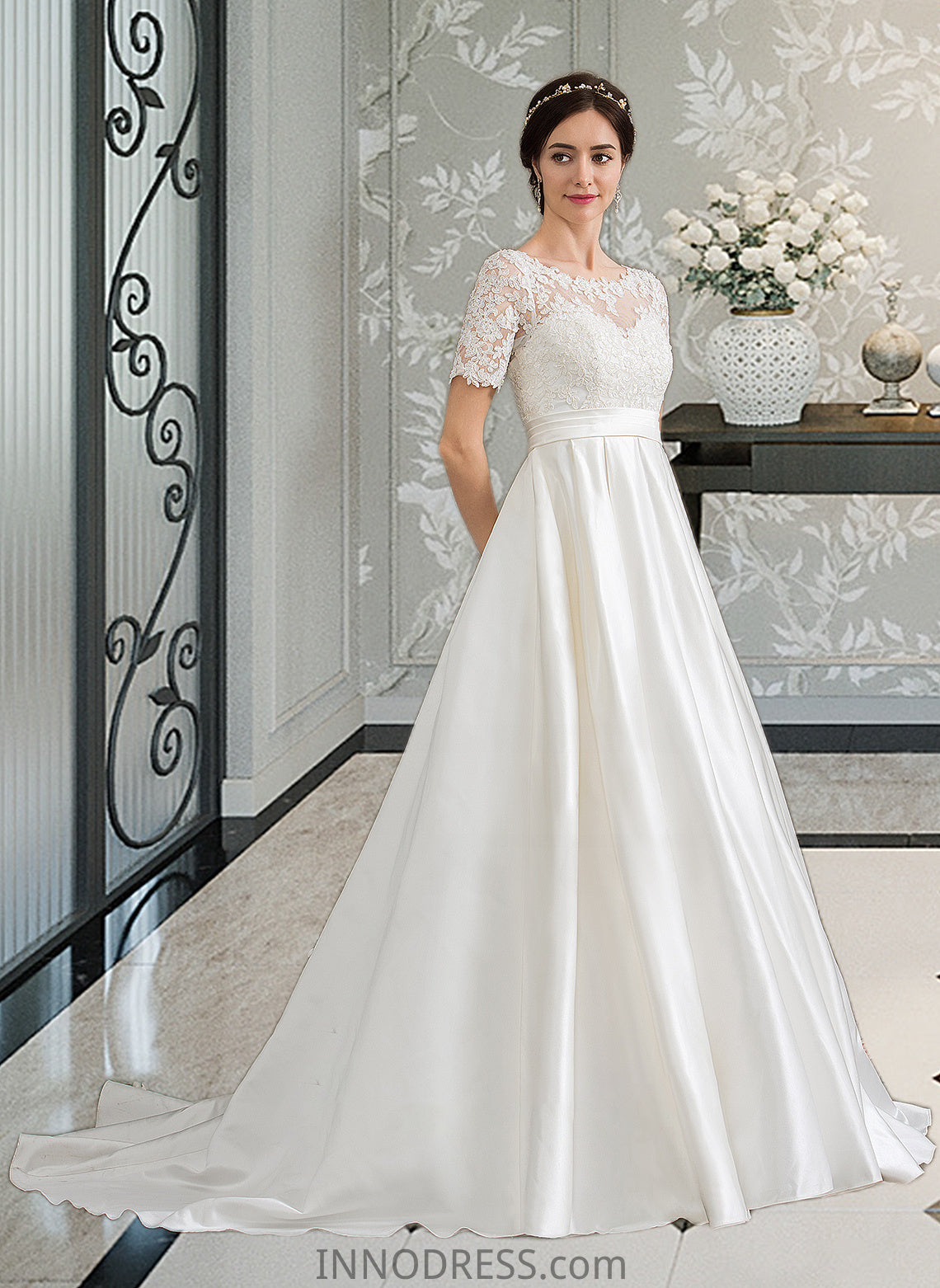 Kimberly Ball-Gown/Princess Scoop Neck Court Train Satin Wedding Dress With Beading Sequins Pockets DPP0013777