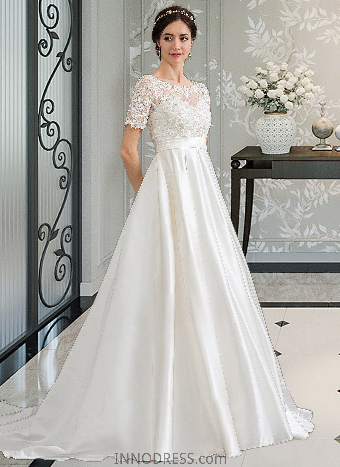 Kimberly Ball-Gown/Princess Scoop Neck Court Train Satin Wedding Dress With Beading Sequins Pockets DPP0013777