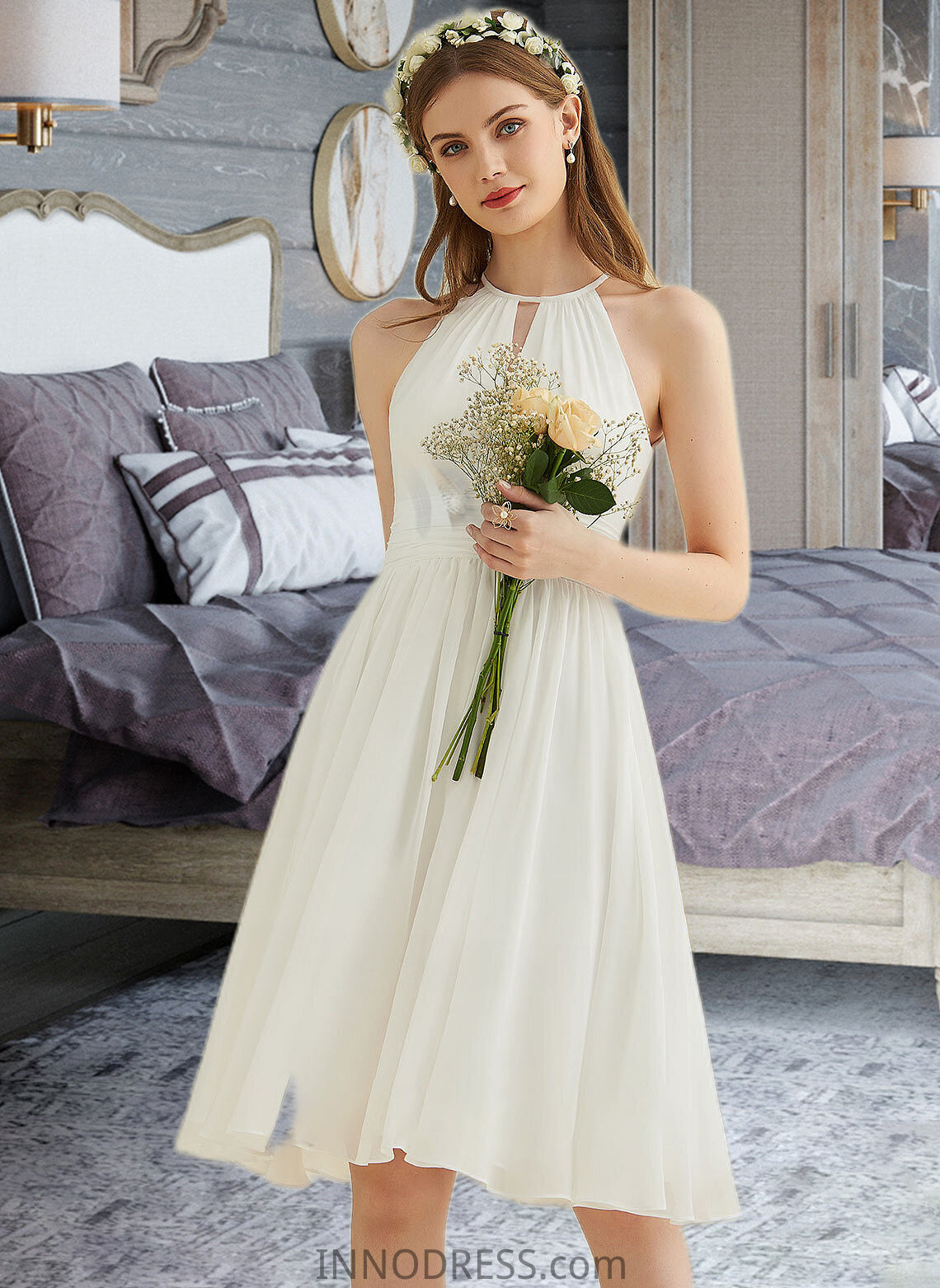 Jacqueline A-Line Knee-Length Chiffon Wedding Dress DPP0013778