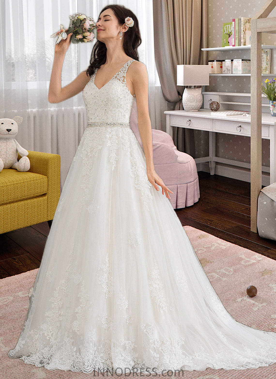 Ireland Ball-Gown/Princess V-neck Court Train Tulle Wedding Dress With Beading Sequins DPP0013779