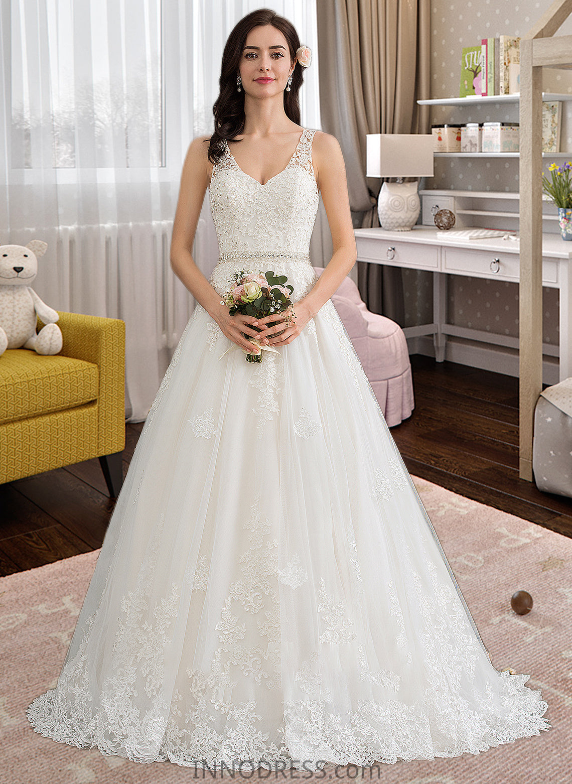 Ireland Ball-Gown/Princess V-neck Court Train Tulle Wedding Dress With Beading Sequins DPP0013779