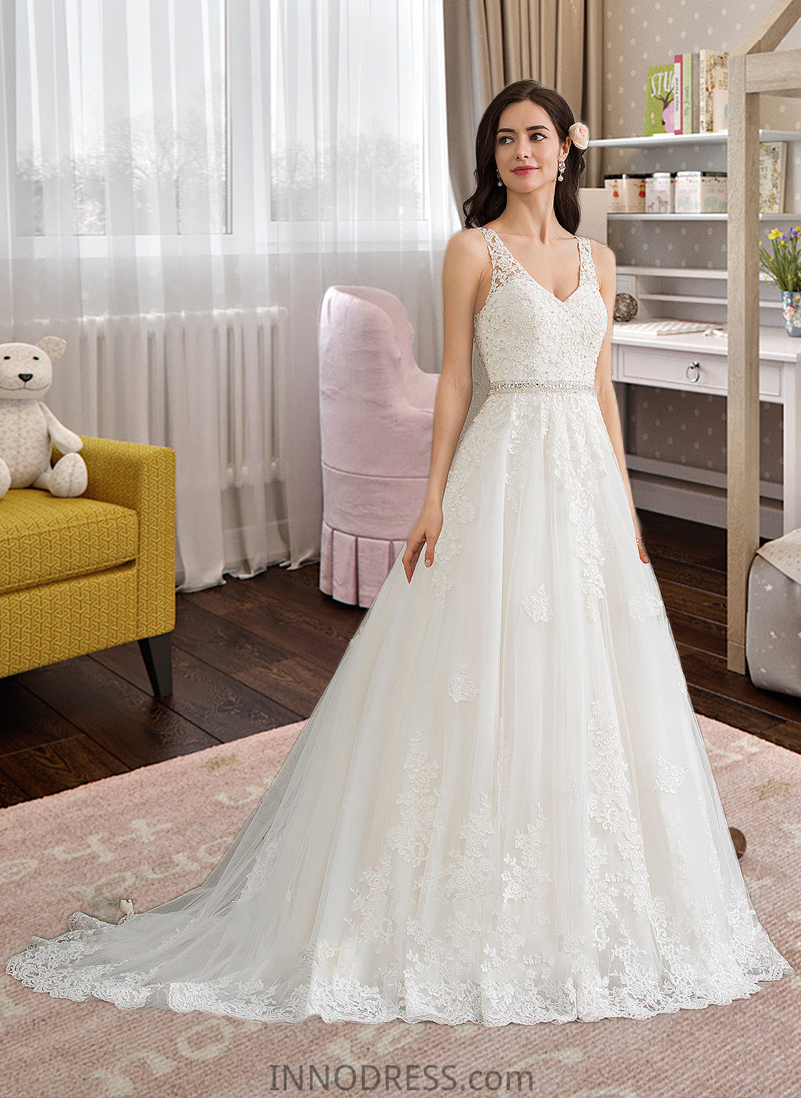 Ireland Ball-Gown/Princess V-neck Court Train Tulle Wedding Dress With Beading Sequins DPP0013779