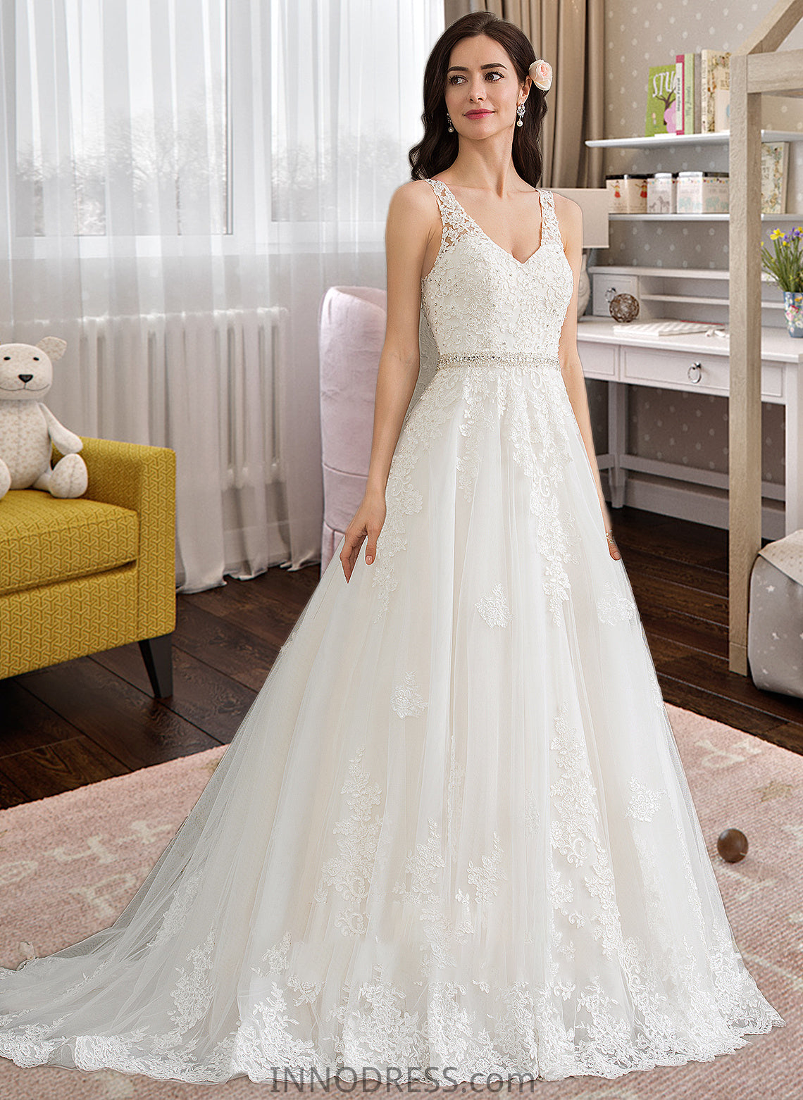 Ireland Ball-Gown/Princess V-neck Court Train Tulle Wedding Dress With Beading Sequins DPP0013779