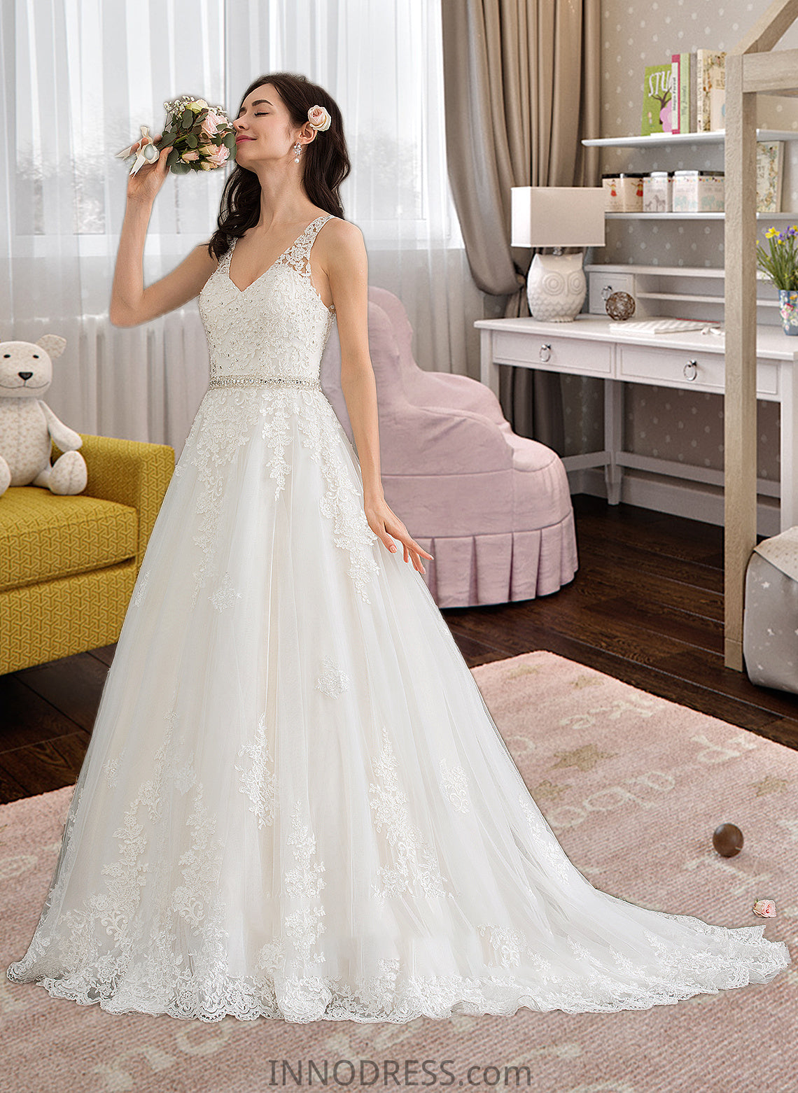 Ireland Ball-Gown/Princess V-neck Court Train Tulle Wedding Dress With Beading Sequins DPP0013779