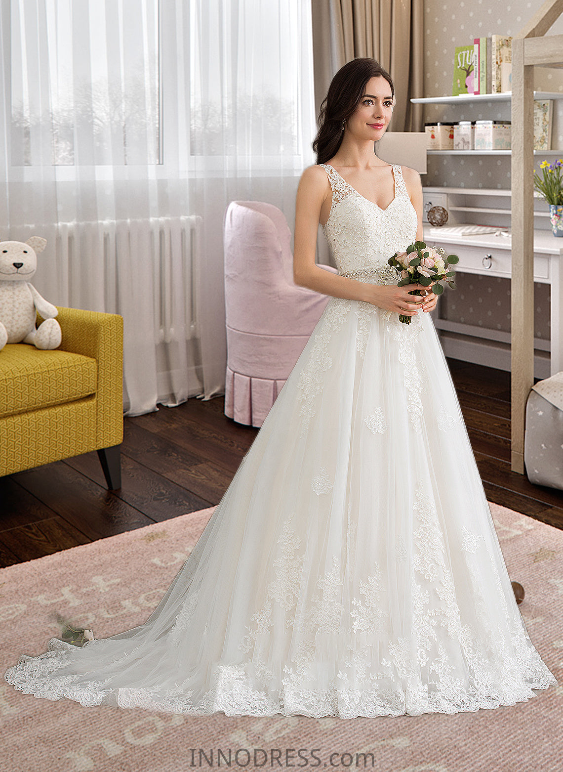 Ireland Ball-Gown/Princess V-neck Court Train Tulle Wedding Dress With Beading Sequins DPP0013779