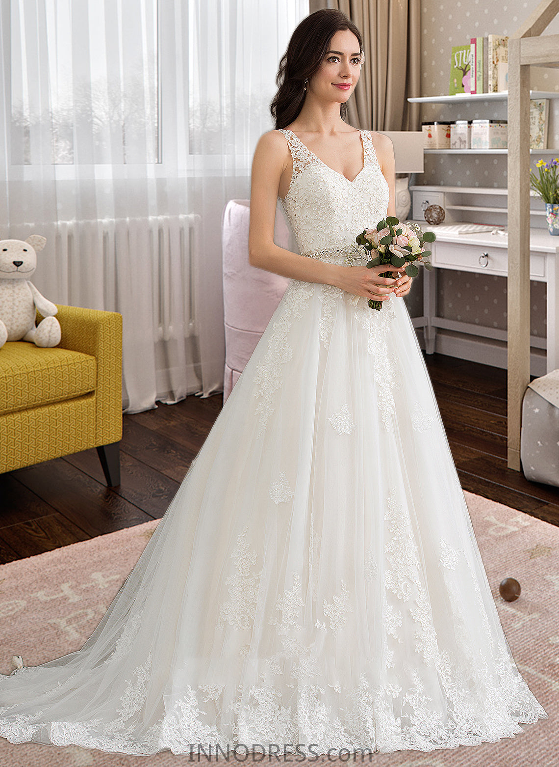 Ireland Ball-Gown/Princess V-neck Court Train Tulle Wedding Dress With Beading Sequins DPP0013779