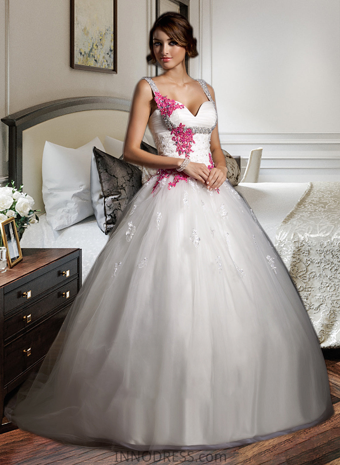 Lara Ball-Gown/Princess Sweetheart Chapel Train Tulle Wedding Dress With Ruffle Appliques Lace Bow(s) DPP0013780