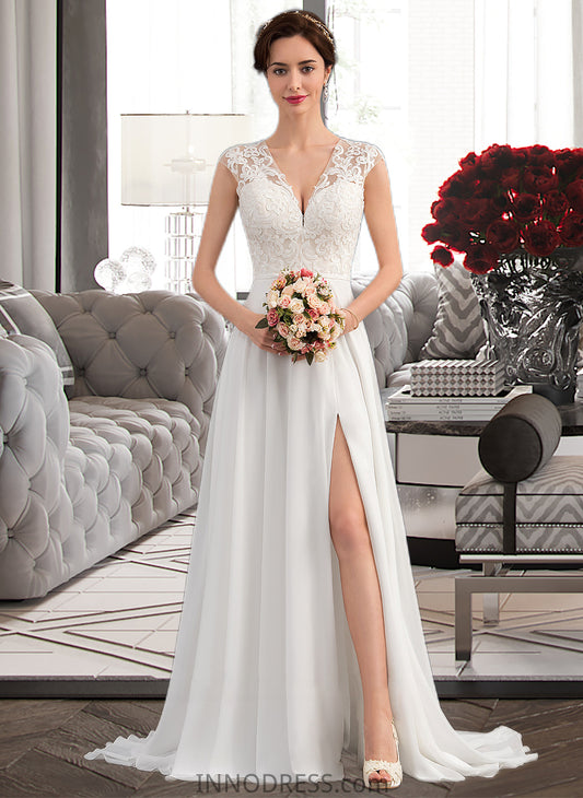 Carlee A-Line V-neck Sweep Train Chiffon Wedding Dress With Split Front DPP0013782