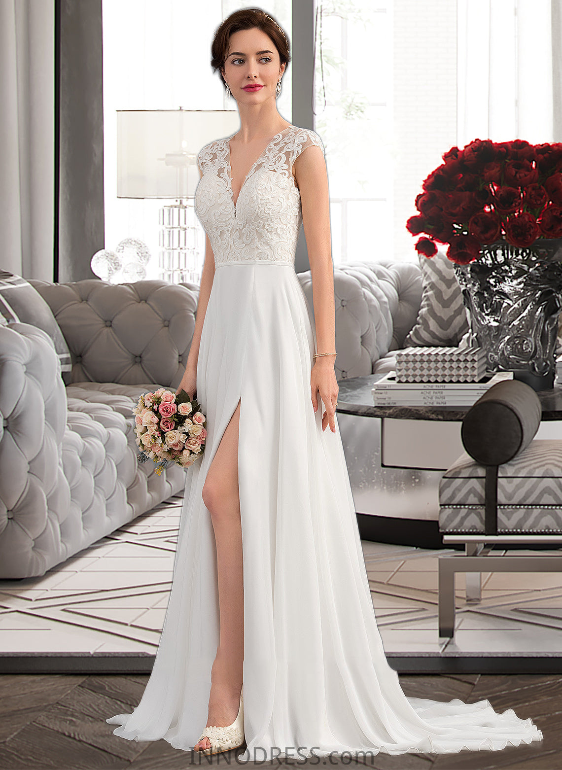 Carlee A-Line V-neck Sweep Train Chiffon Wedding Dress With Split Front DPP0013782