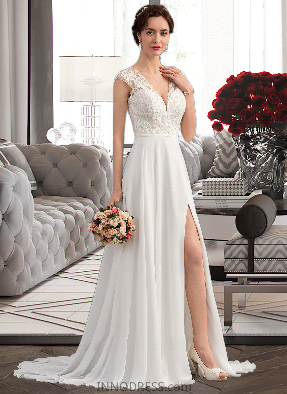 Carlee A-Line V-neck Sweep Train Chiffon Wedding Dress With Split Front DPP0013782