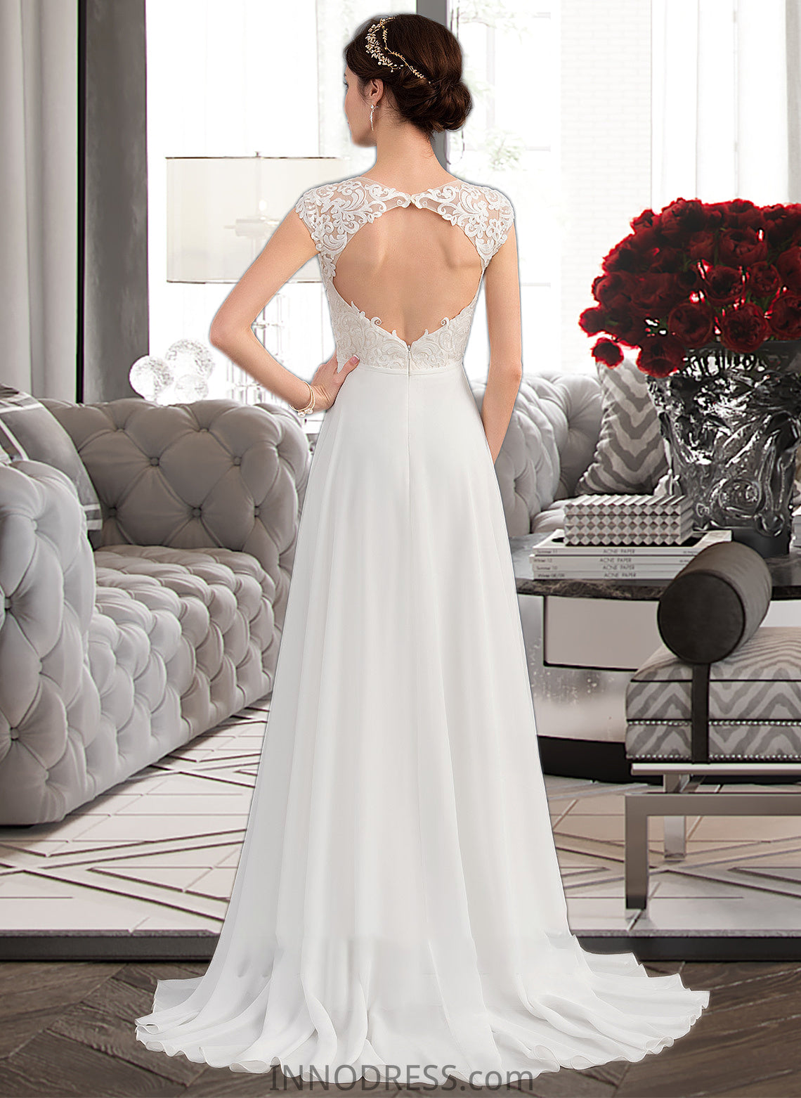 Carlee A-Line V-neck Sweep Train Chiffon Wedding Dress With Split Front DPP0013782