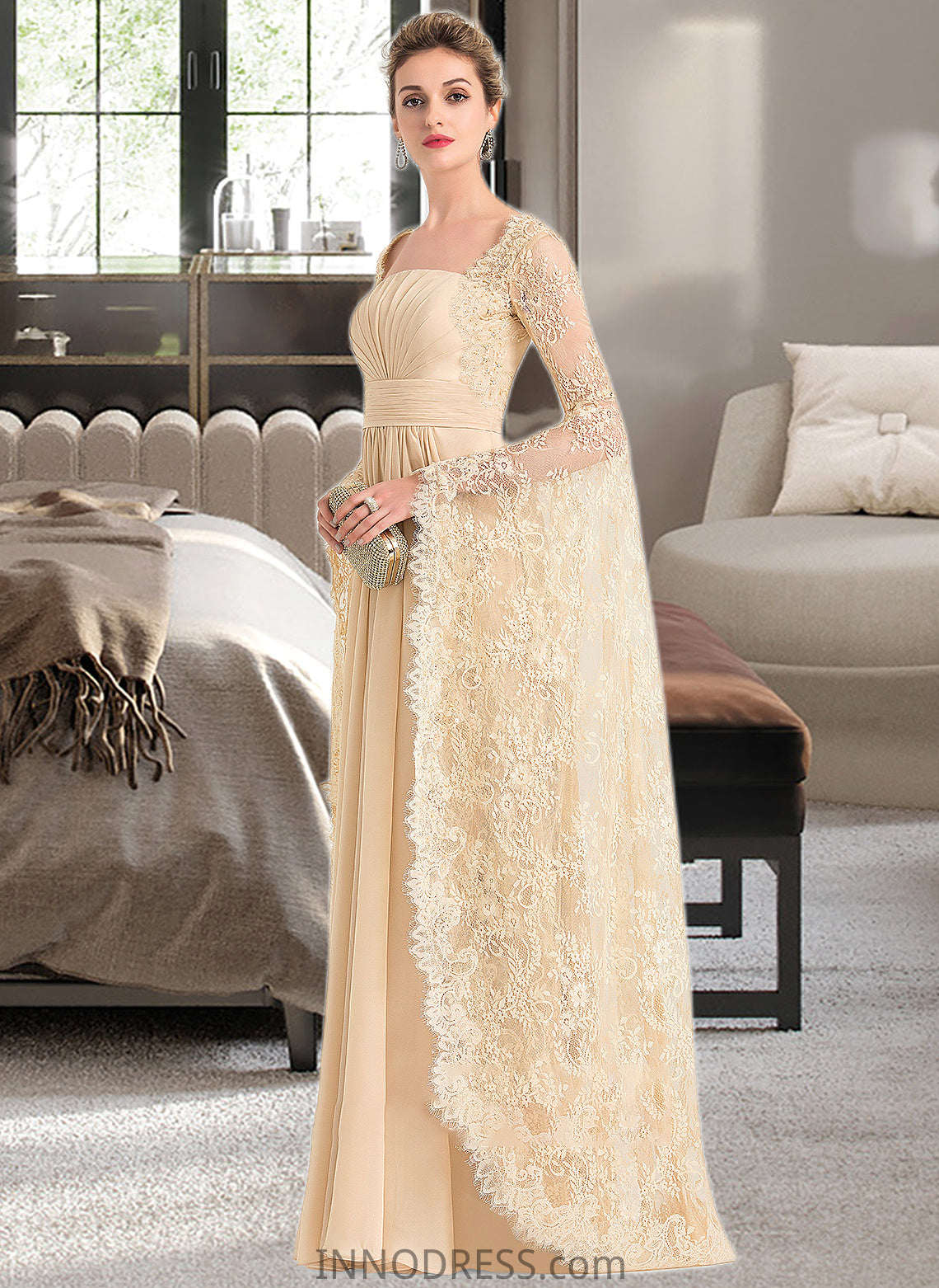 Jamya A-Line Square Neckline Floor-Length Chiffon Wedding Dress With Ruffle Beading DPP0013783