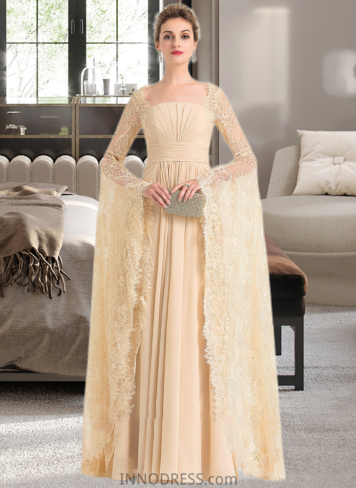 Jamya A-Line Square Neckline Floor-Length Chiffon Wedding Dress With Ruffle Beading DPP0013783